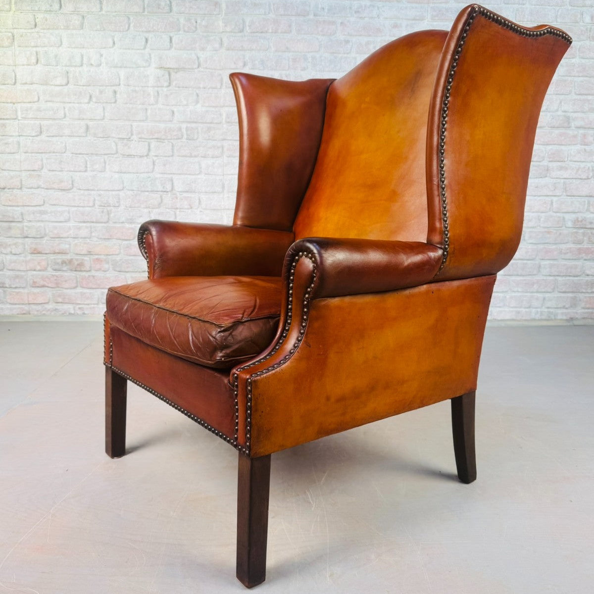 Vintage George III Style English Tan Leather Wingback Chair c.1940