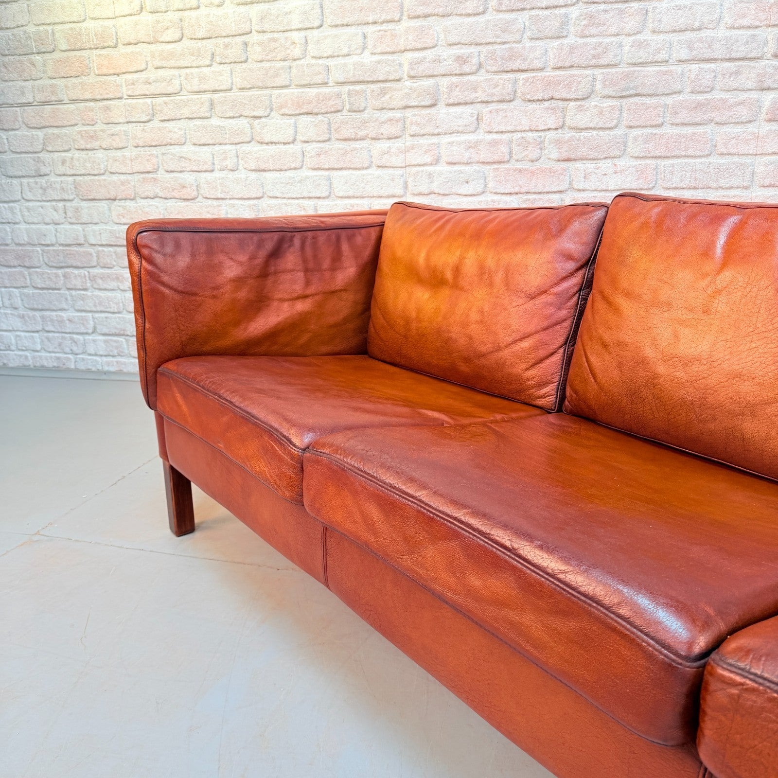 Vintage Danish Tan Hand-Dyed Leather Three Seater Sofa