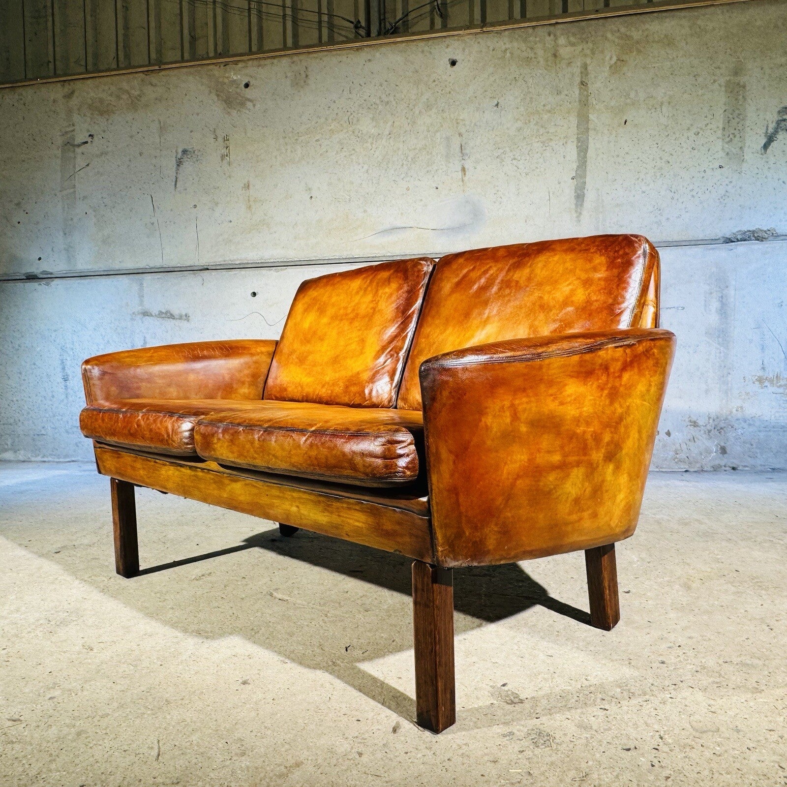 Neat Vintage Danish 1960s  Leather Two seater Sofa - Patinated Tan