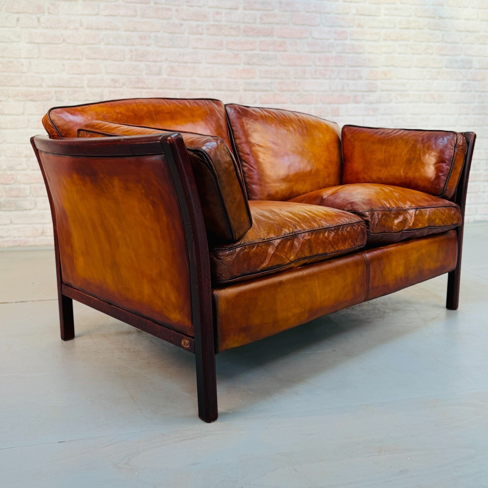 Vintage Danish Stouby Tan Hand-Dyed Leather Two Seater Sofa