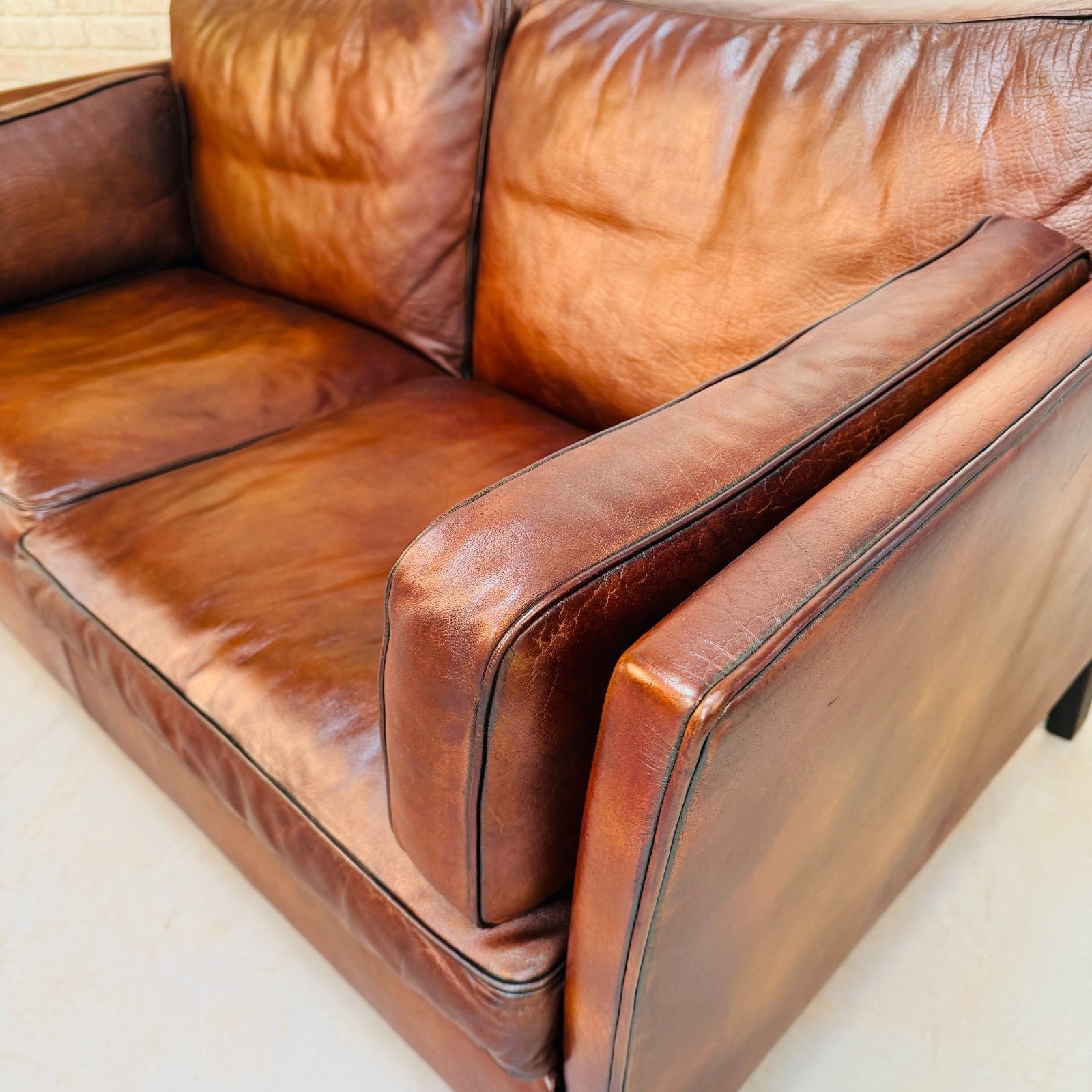 Vintage 1970s Danish Dark Tan Hand-Dyed Leather Two Seater Sofa