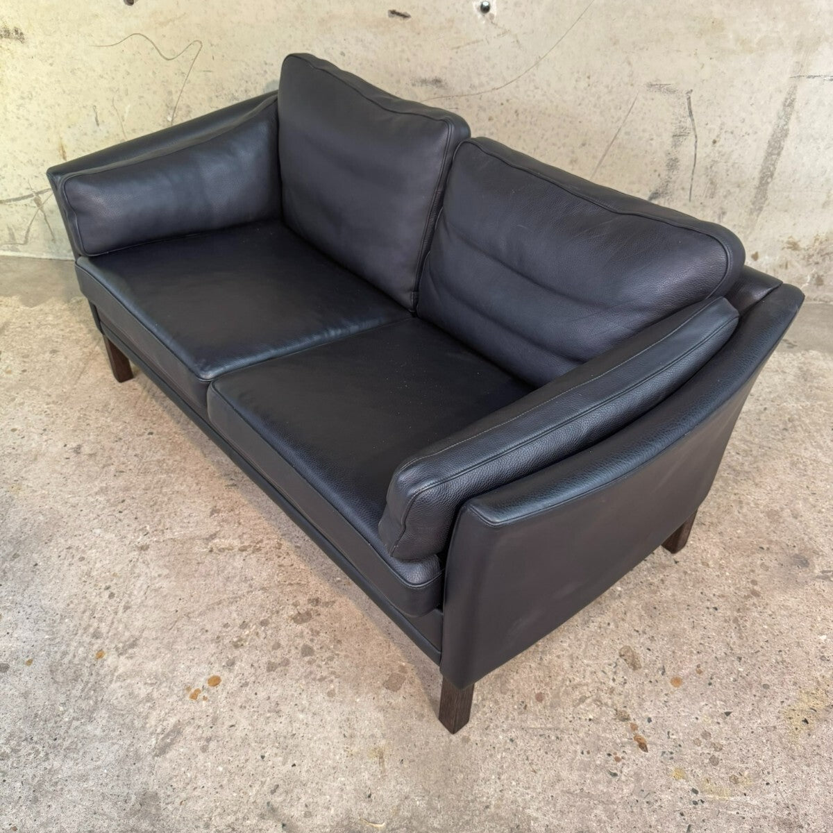 Vintage Danish Mogens Hansen Two-Seater Black Leather Sofa