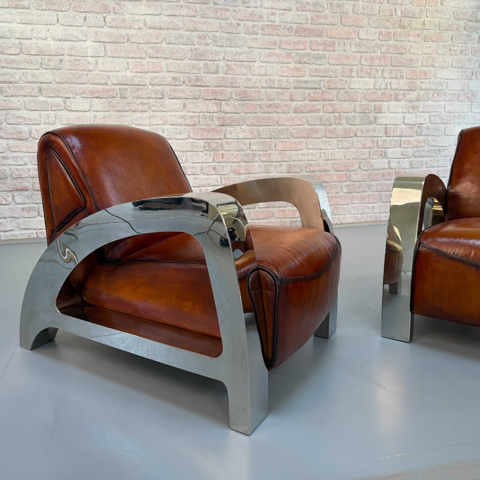 Stunning Pair of Vintage Art Deco Chrome Aviator Heritage Brown Leather Armchair