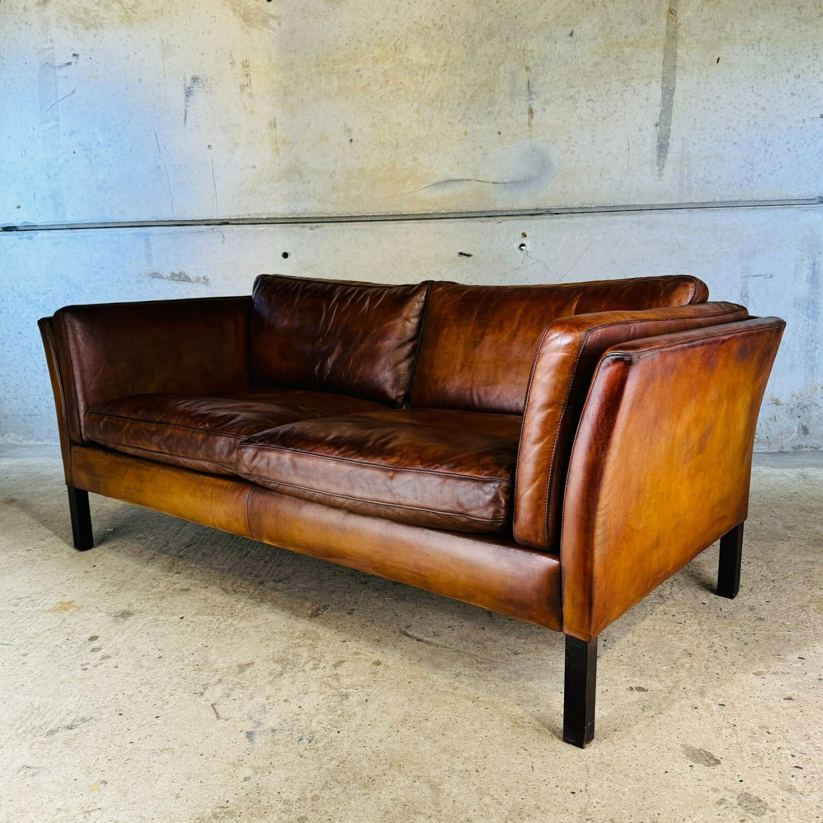 Vintage 1970s Stouby Tan Leather 2.5 Seater Sofa Børge Mogensen Style