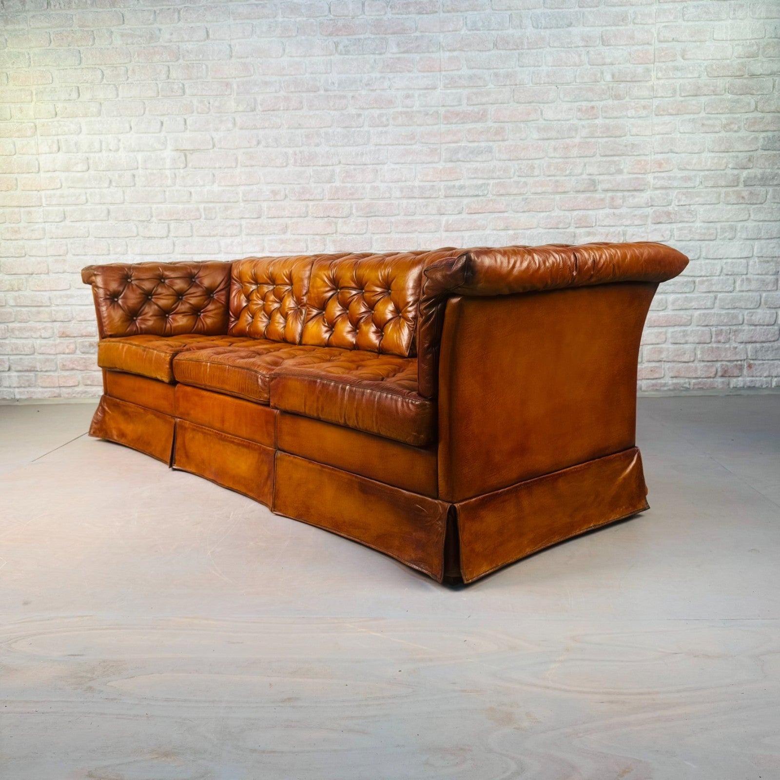 Vintage Danish Tan Leather Three Seater Sofa Fully Buttoned