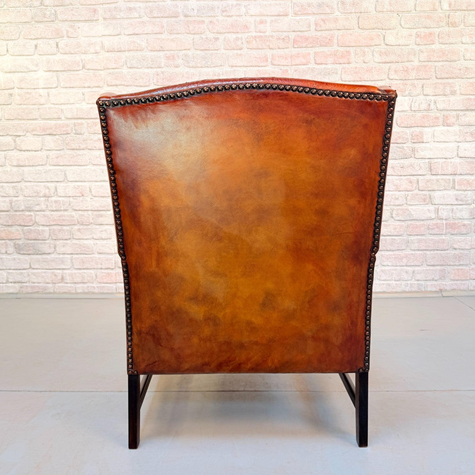 Vintage Danish Cognac Leather Wingback Armchair Hand Dyed Patina Chair