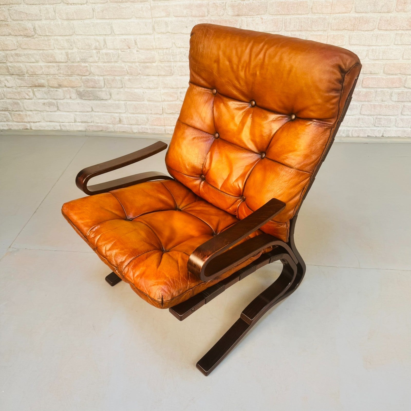 Vintage Danish Einar Hove Skyline Bentwood  Tan Buffalo Leather Armchair