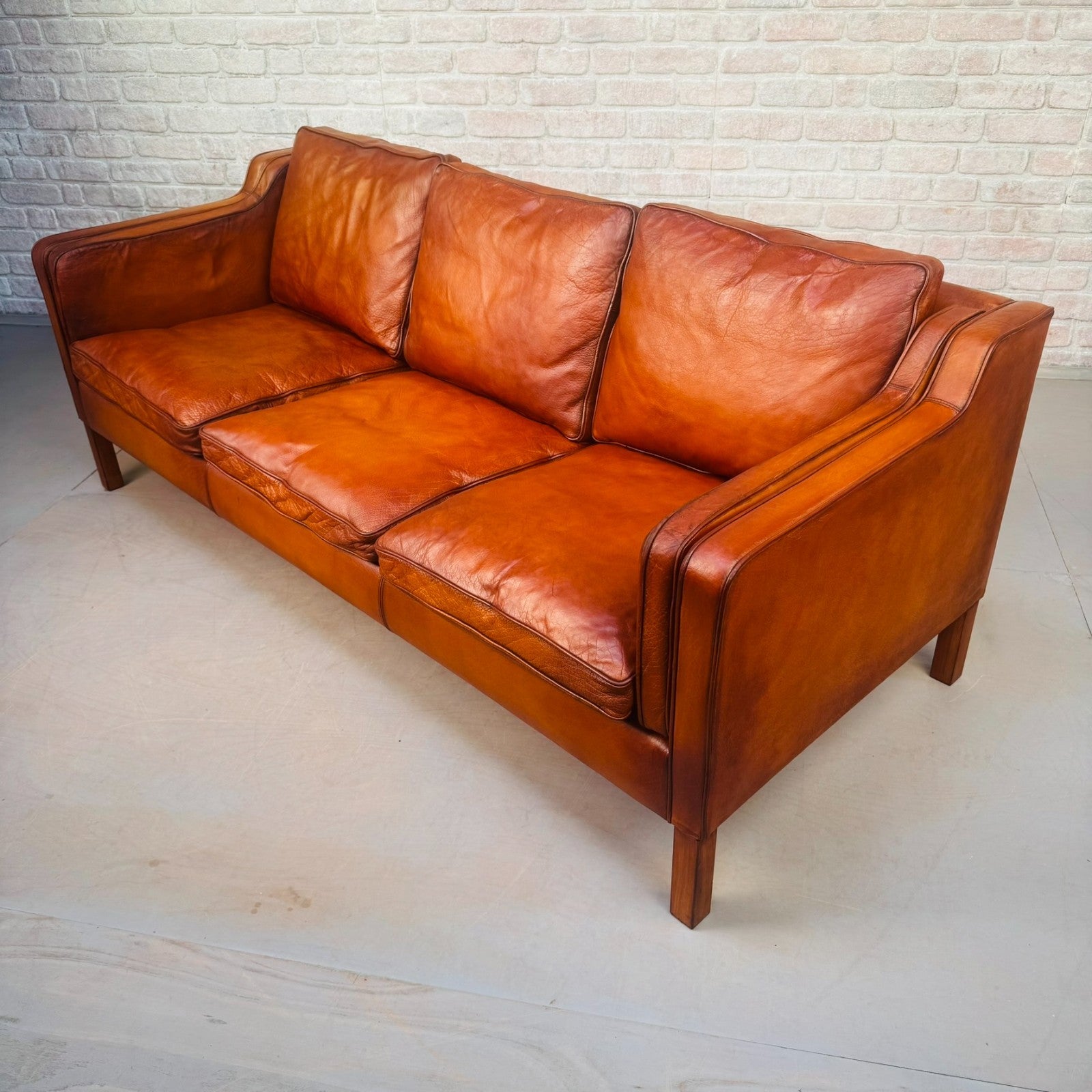 Vintage Danish Børge Mogensen Style Cognac Leather Three Seater Sofa