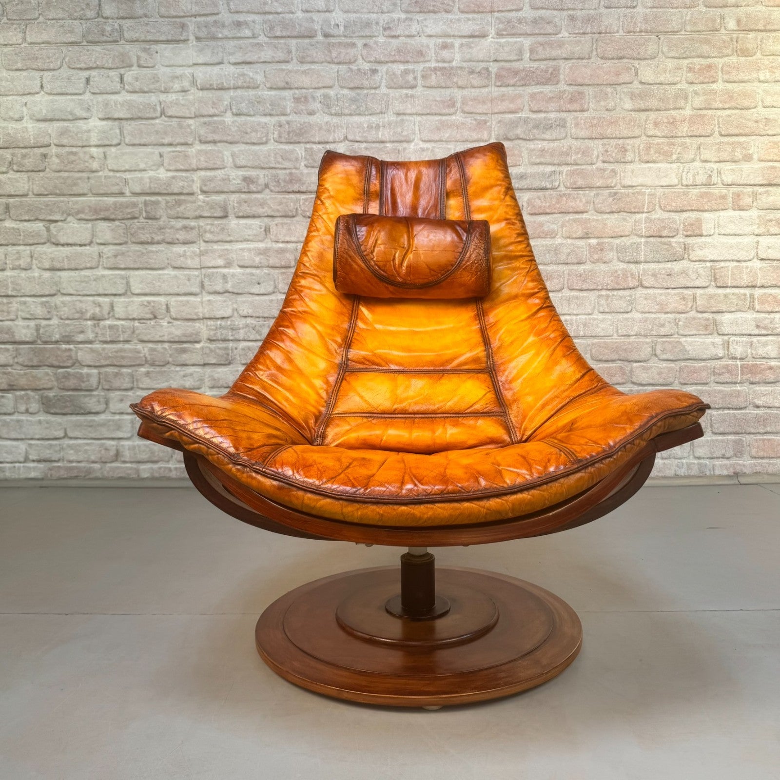 Vintage 1970s Swedish Swivel Lounge Chair | Hand Dyed Light Tan Leather