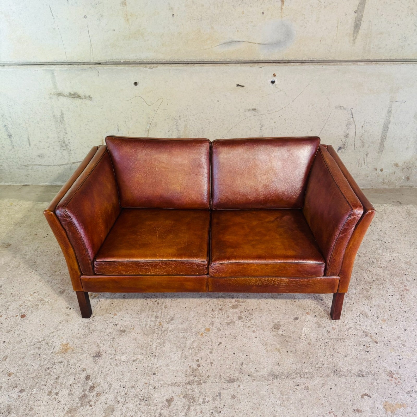 Vintage Danish Tan Leather 2 Seater Sofa — Neat Proportions