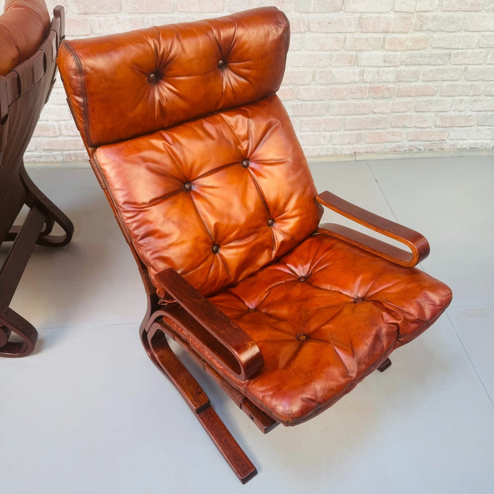 Vintage 1970s Hove Mobler Skyline Lounge Chairs Tan Leather Bentwood Beech