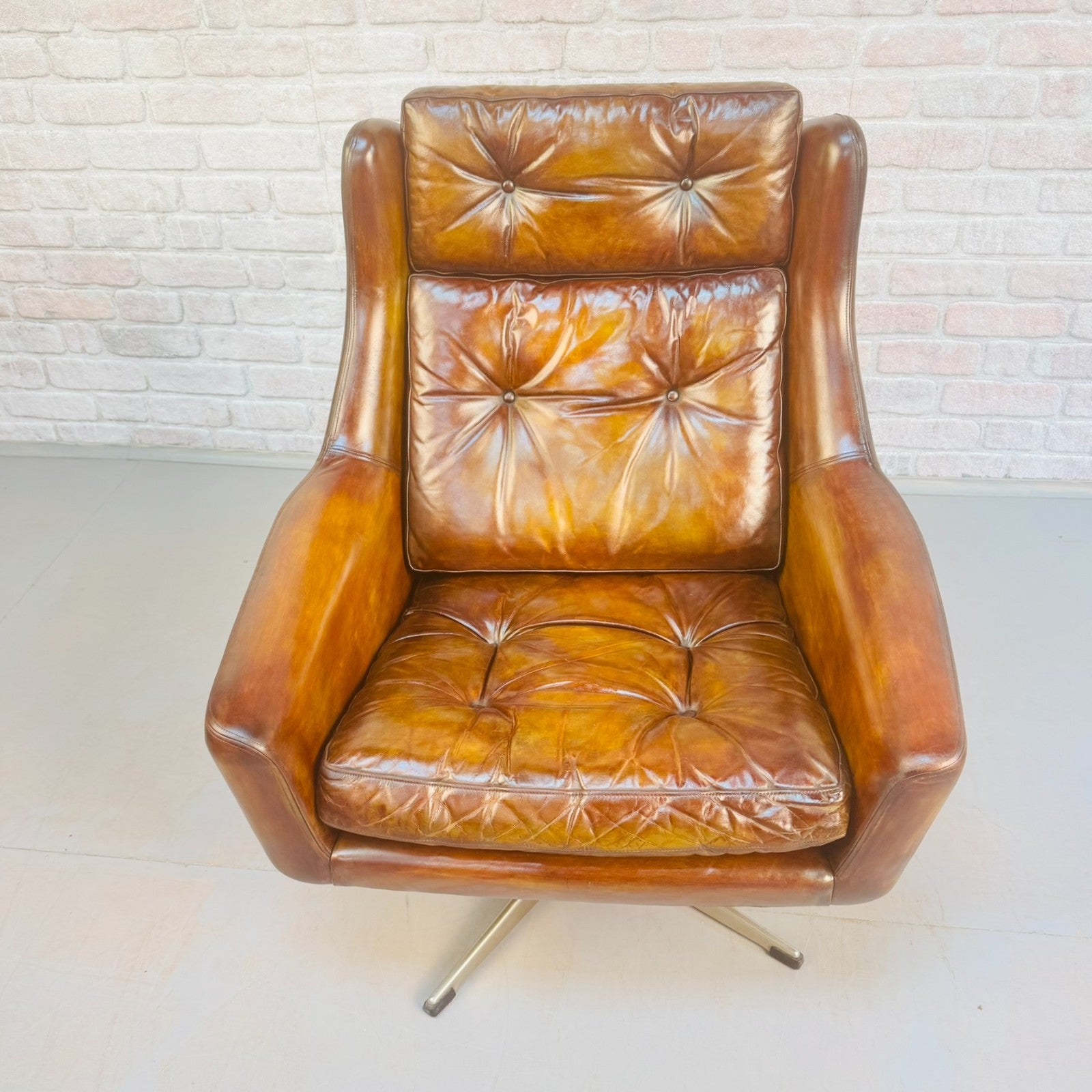 Vintage 1970s Danish Cognac Leather Egg Swivel Chair by Eran