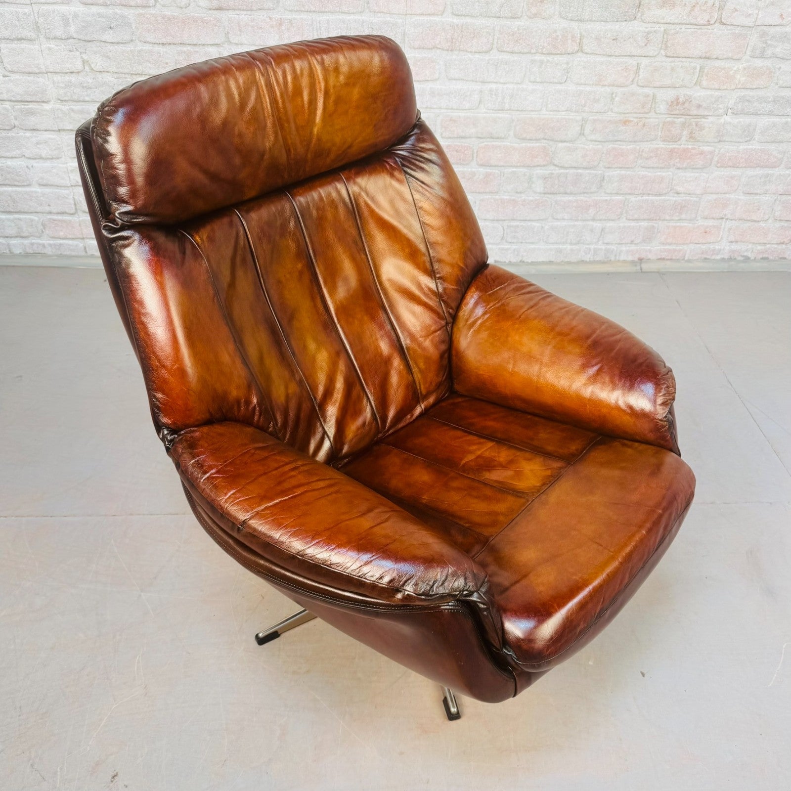 Vintage Danish Tan Leather Swivel Chair