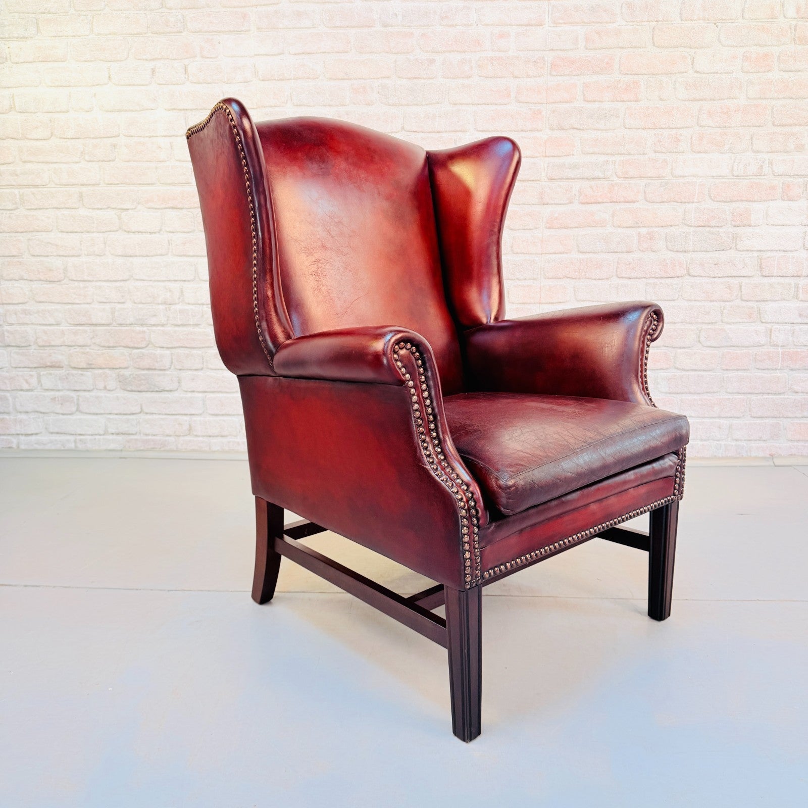 Vintage Danish Deep Red Leather Wingback Chair Hand Dyed Chestnut Patina