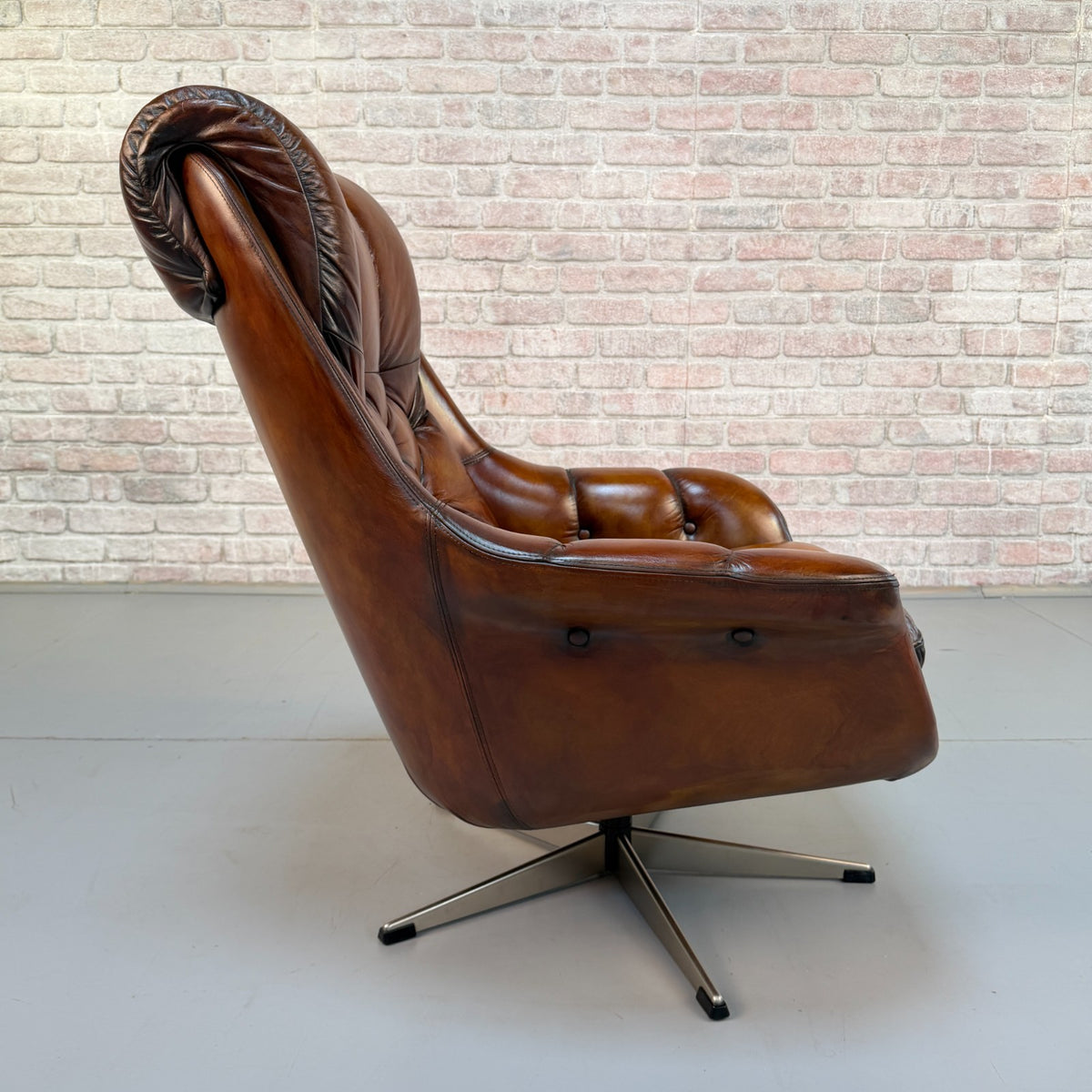 Vintage Danish Tan Leather Swivel Armchair – Hand Dyed Beautiful Patina