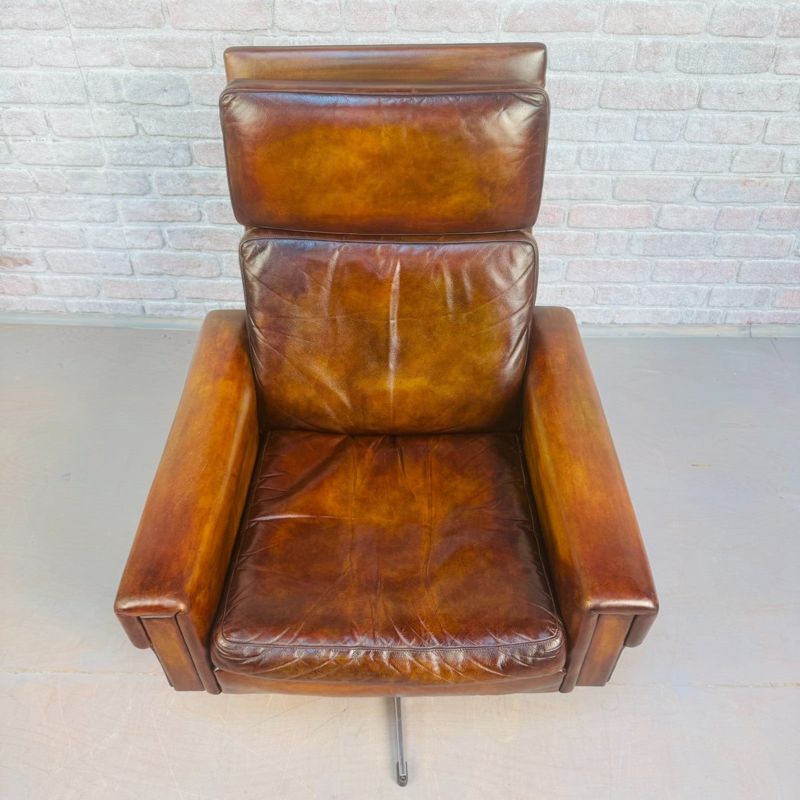 Vintage 1970s Danish Tan Leather Swivel Chair Mid Century Armchair