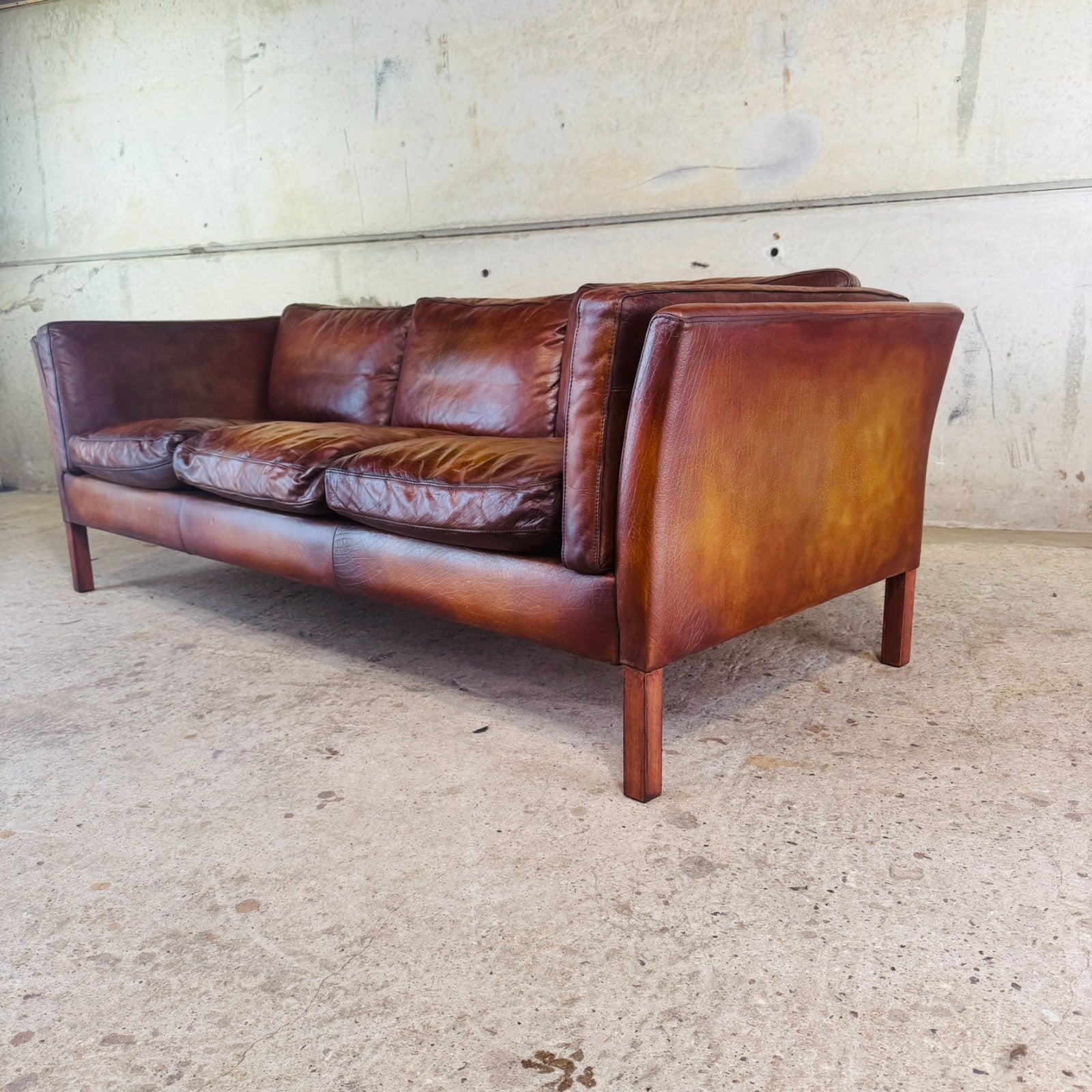 Danish Vintage Tan Leather Three-Seater Sofa — Sleek & Elegant