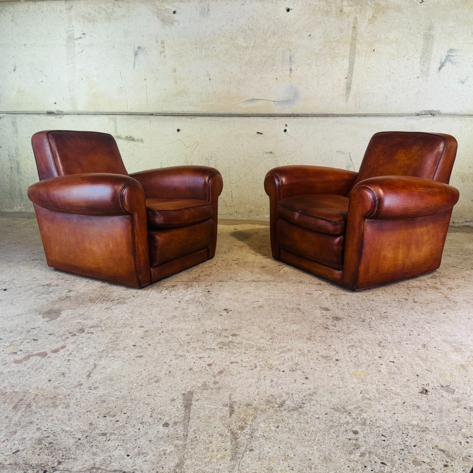 Pair of Vintage Art Deco Style Italian Tan Leather Club Chairs by Baxter