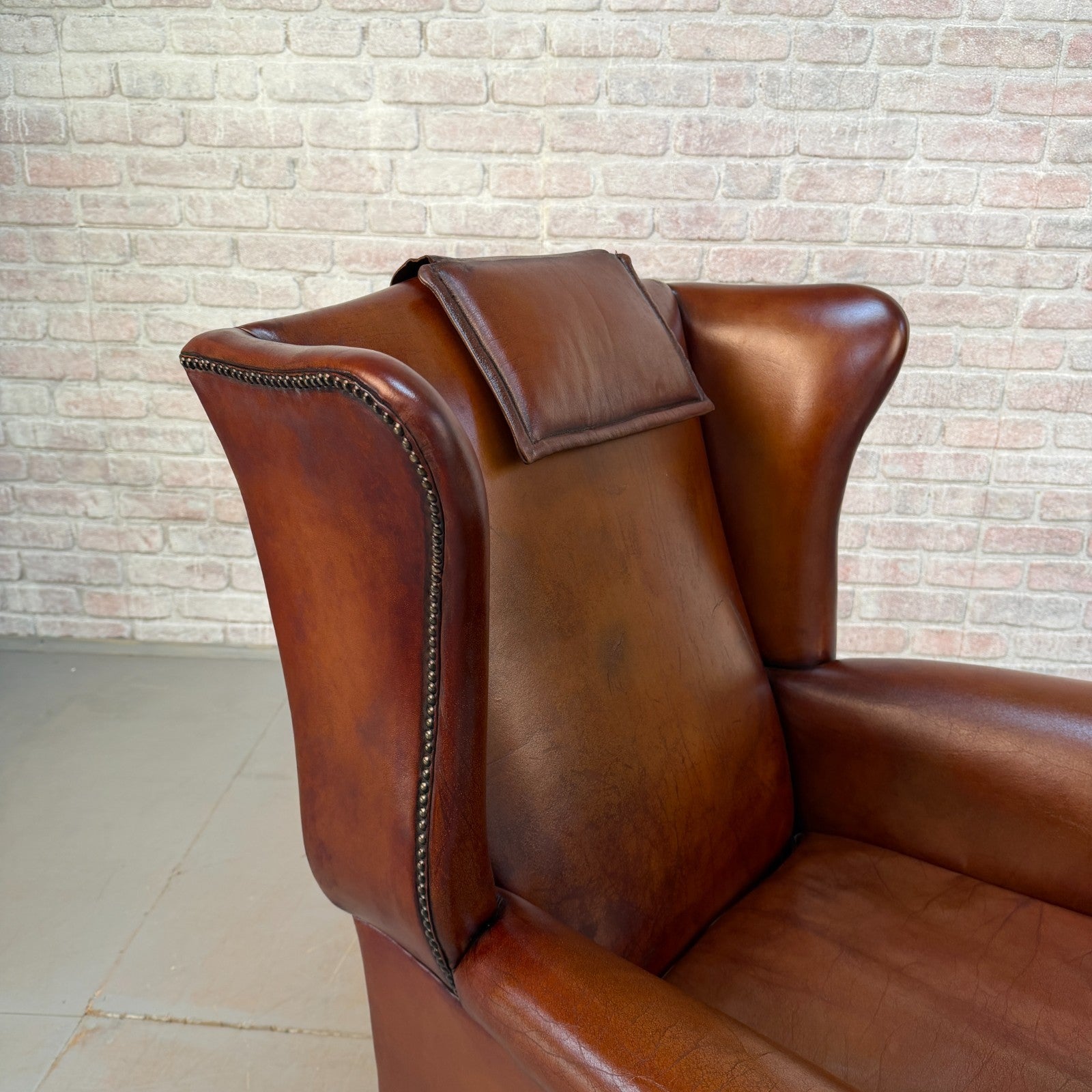 Vintage Danish Dark Tan Hand-Dyed Leather Wingback Chair & Matching Footstool