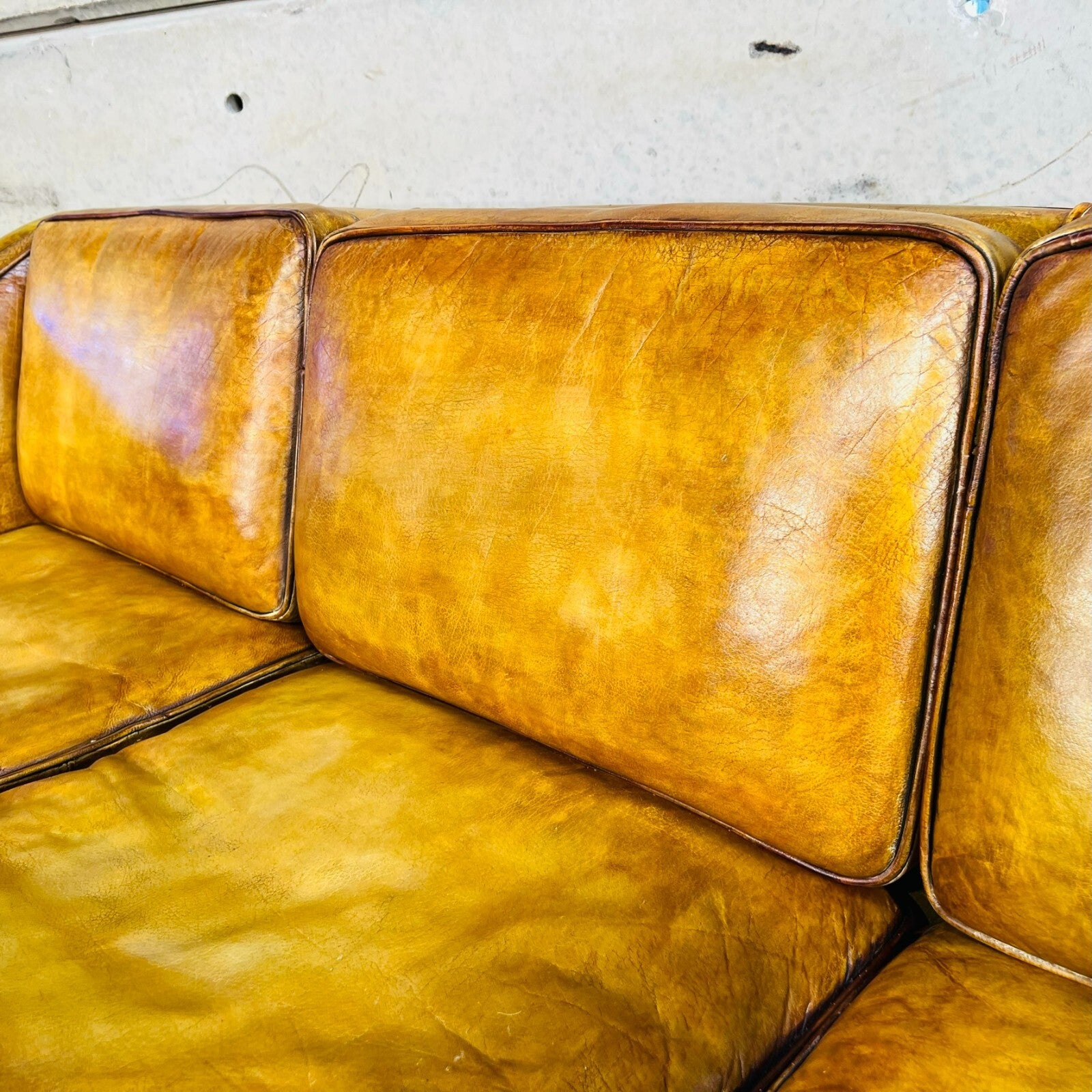 Vintage 1970s Danish Erik Jorgensen Patinated Light Tan Three-Seater Leather Sofa