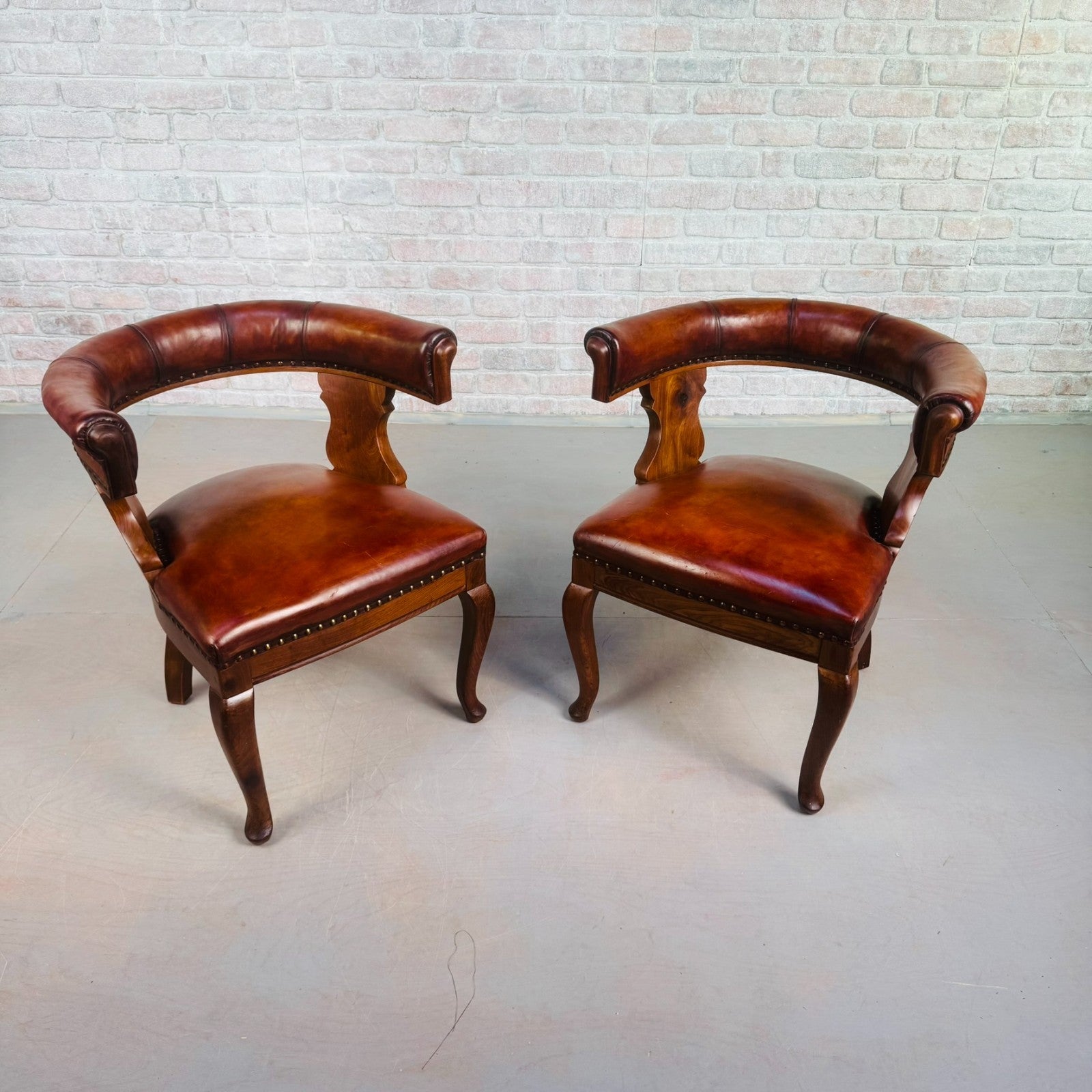 Pair of 40s Antique Danish Tan Leather Partner’s Desk Chairs Walnut Frame