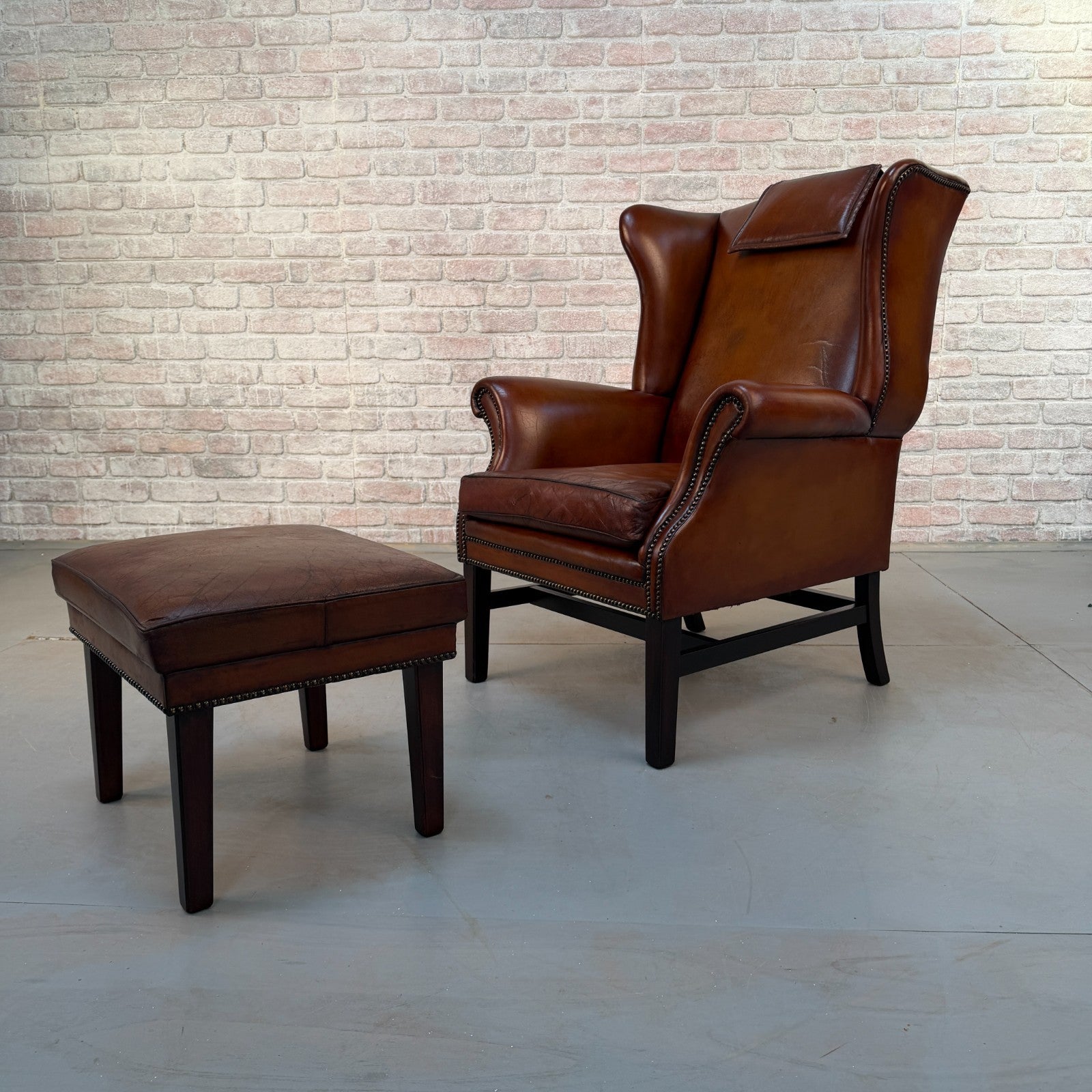 Vintage Danish Dark Tan Hand-Dyed Leather Wingback Chair & Matching Footstool