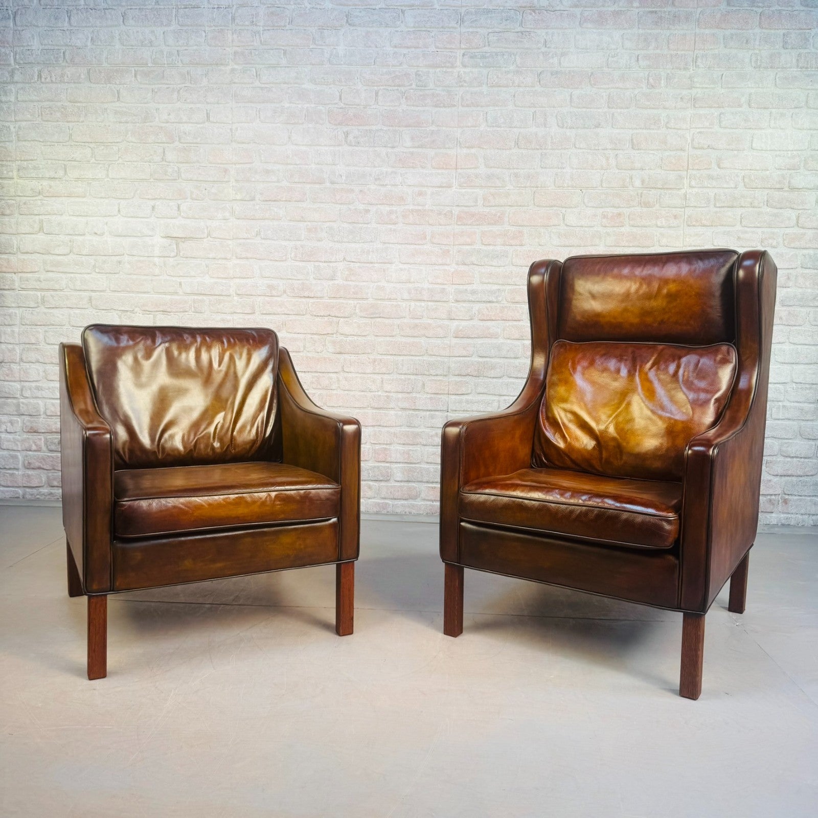 Vintage Danish His & Hers High Back Leather Chairs Pair Light Brown Armchairs