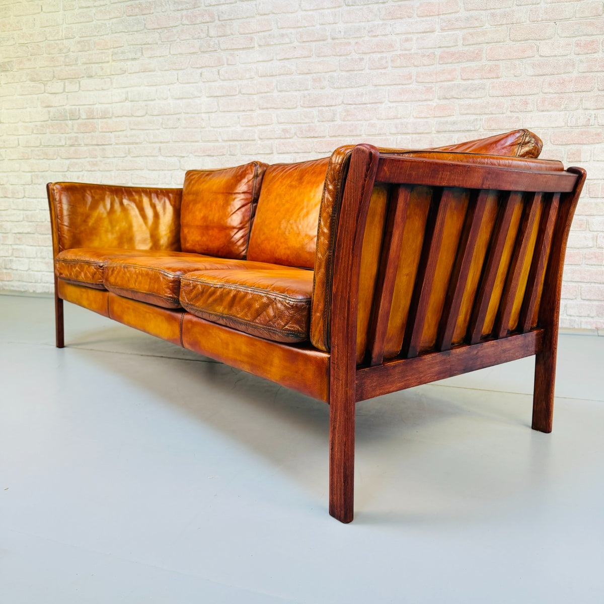 Vintage Danish Tan Leather 3 Seater Sofa – Hand Dyed Beautiful Patina