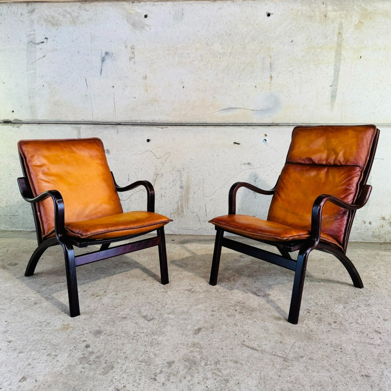 Vintage Stouby Danish His & Hers Bentwood Light Tan Leather Chairs