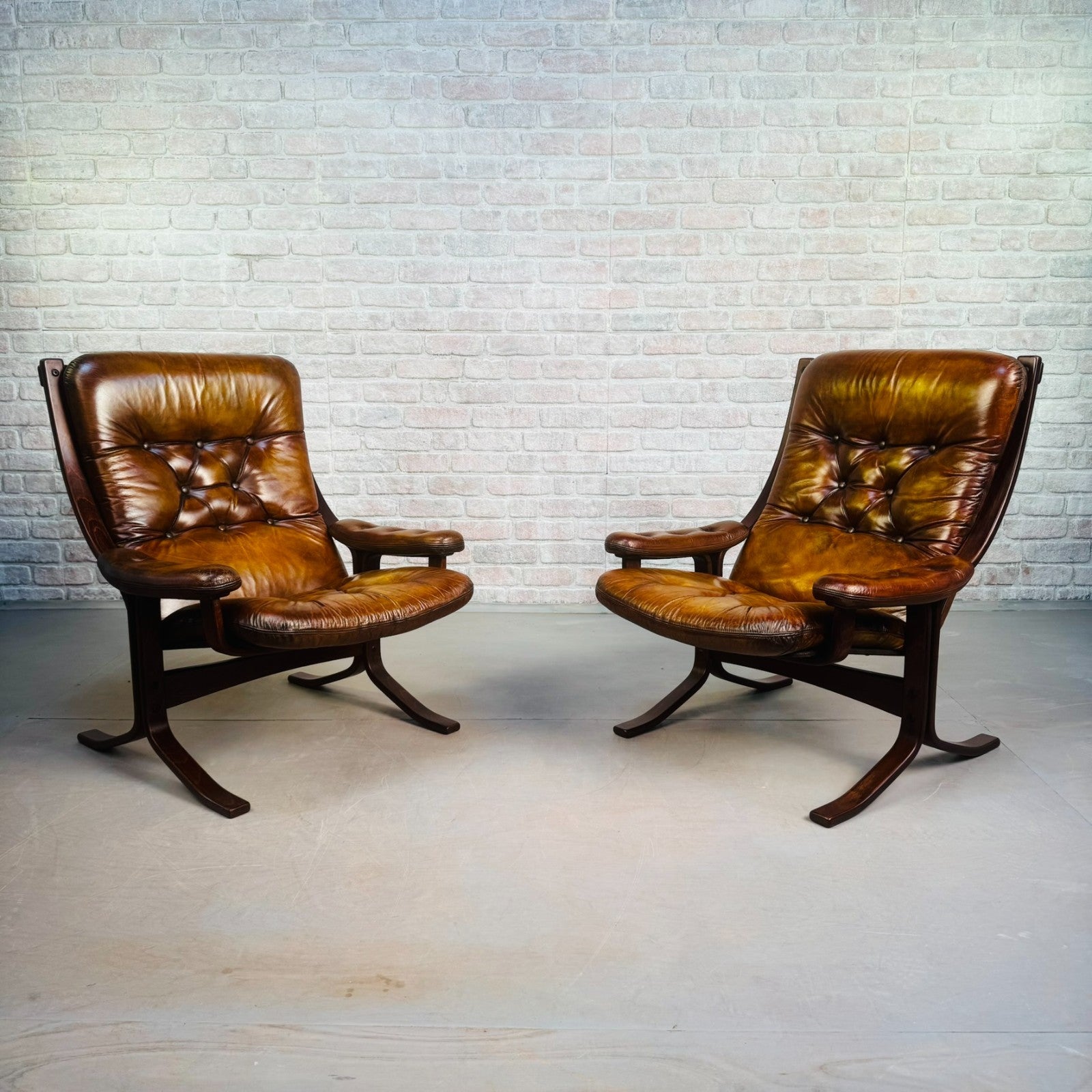 Pair of Vintage Danish Tan Leather Armchairs High Back Mid Century Chairs