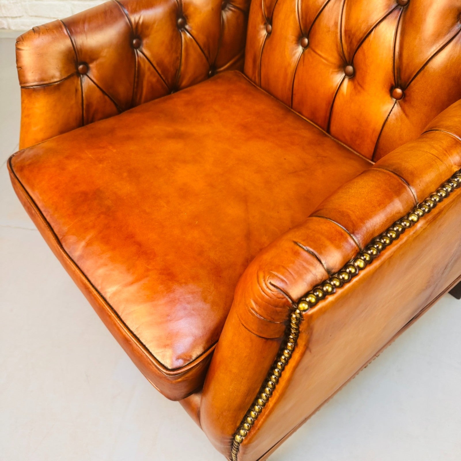 Vintage Chesterfield Armchair & Footstool Tan Leather Cognac Lounge Chair