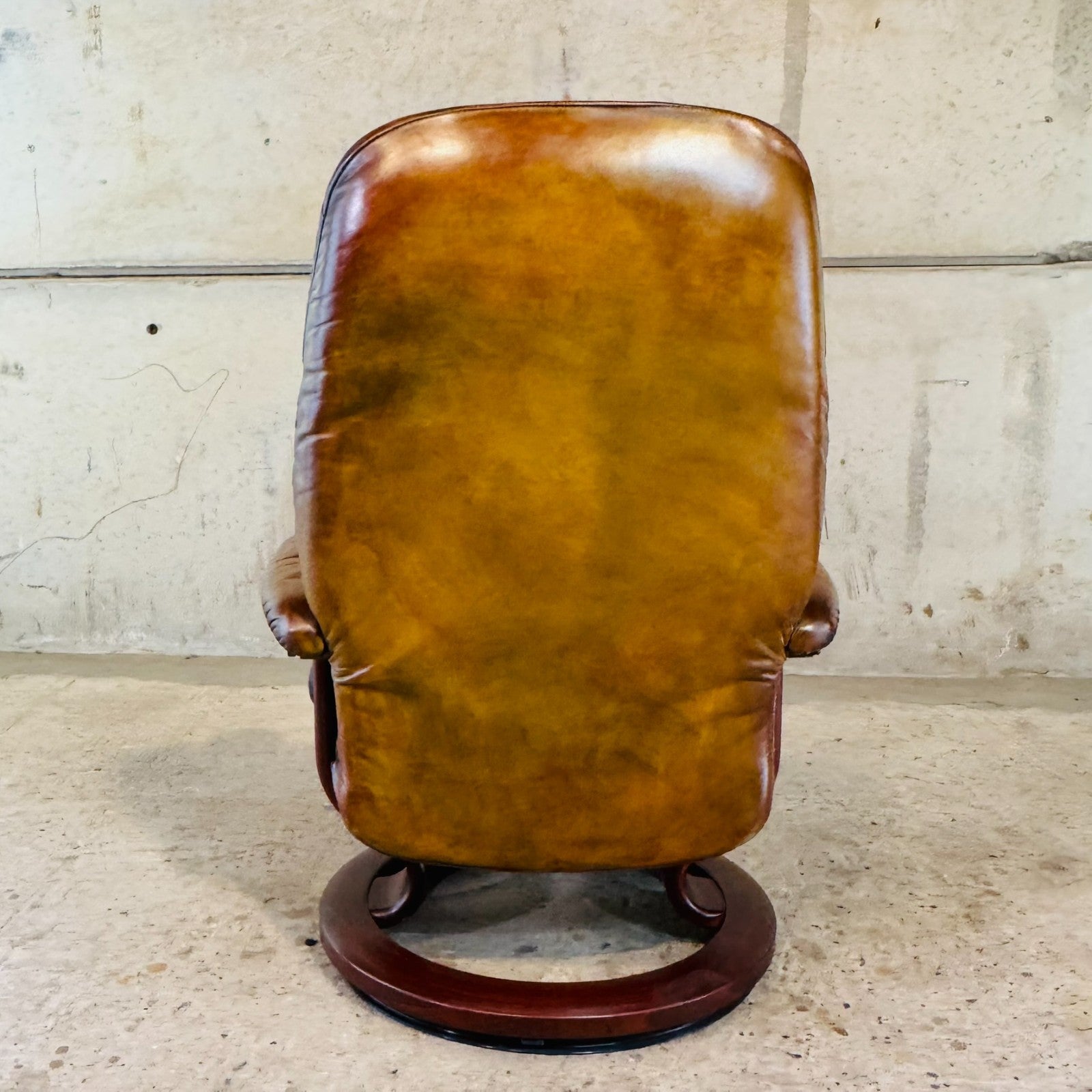 Vintage Ekornes Tan Leather Swivel Recliner Chair — Compact Design