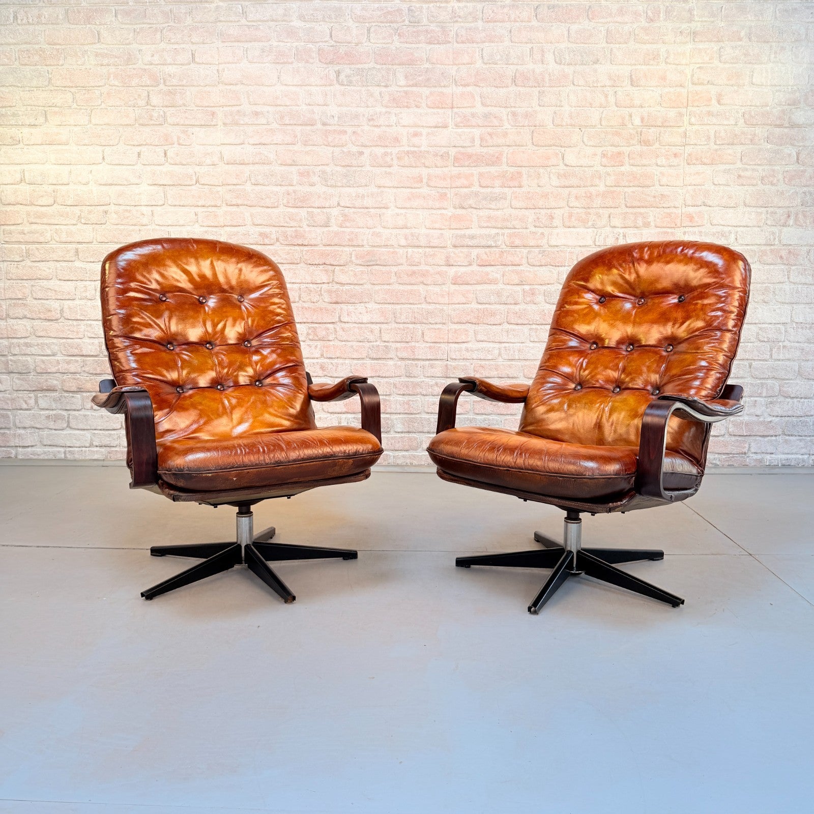 Vintage Pair Danish Tan Leather Swivel Chairs Hand Dyed Cognac Patina