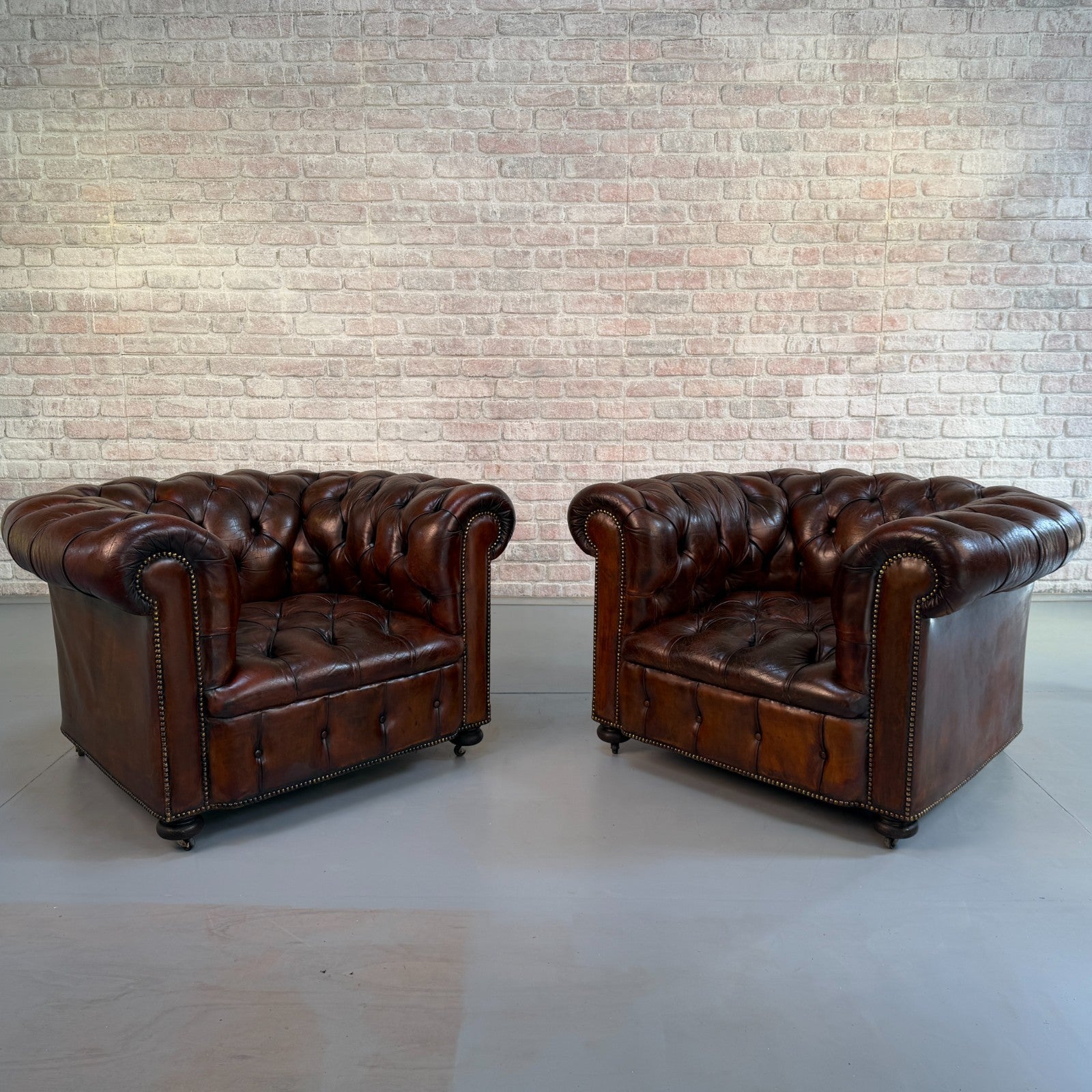Vintage Pair of Chesterfield Dark Tan Leather Lounge Chairs – Circa 1950