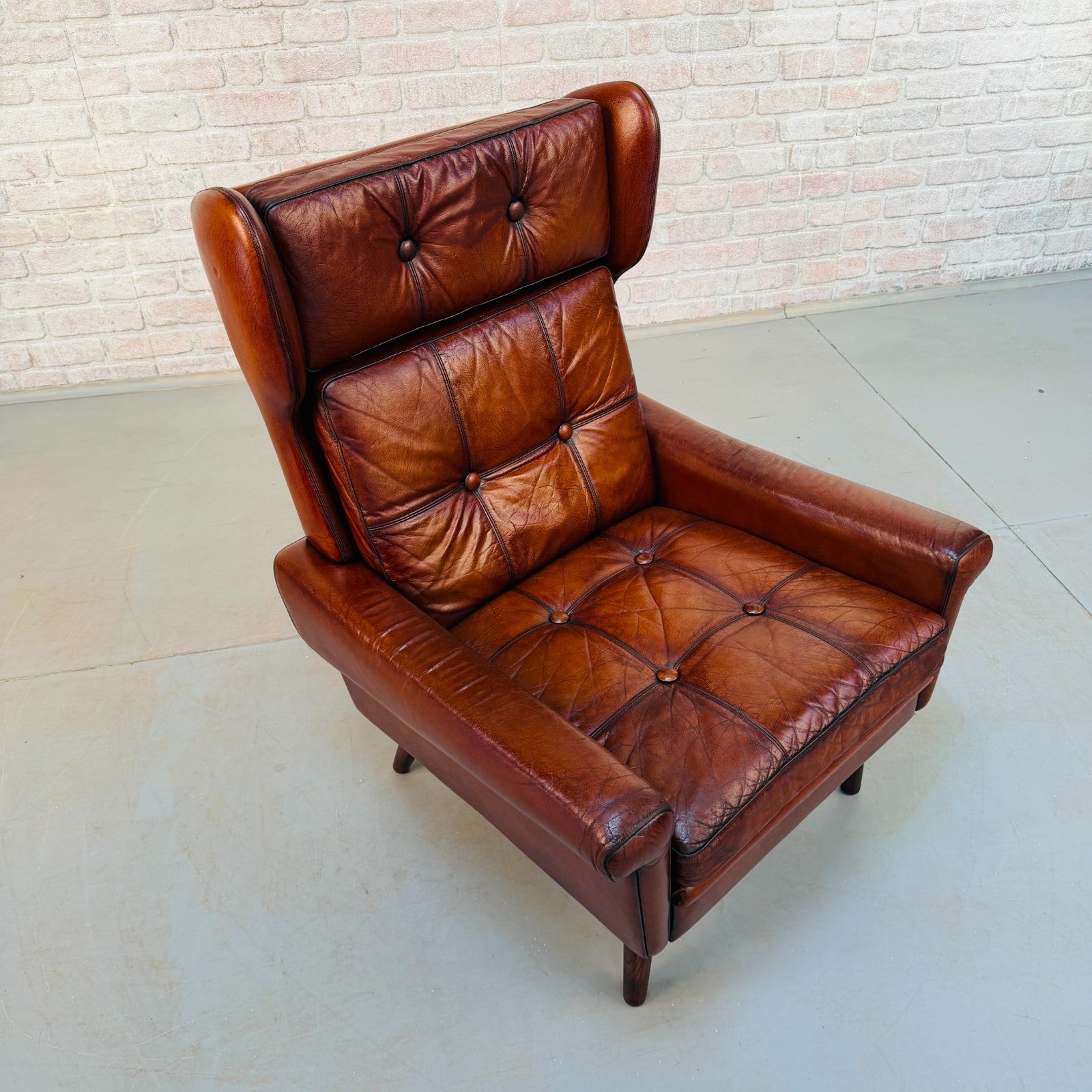 Vintage Danish Svend Skipper Tan Hand-Dyed Leather High Back Chair