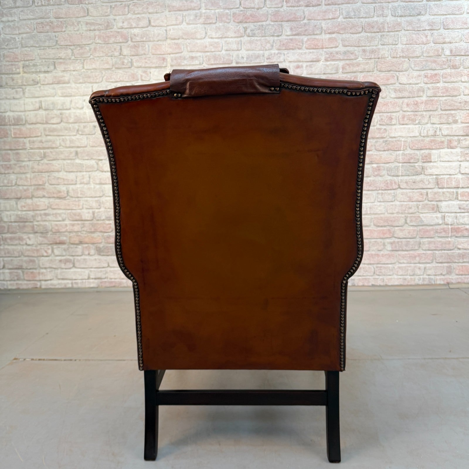 Vintage Danish Dark Tan Hand-Dyed Leather Wingback Chair & Matching Footstool
