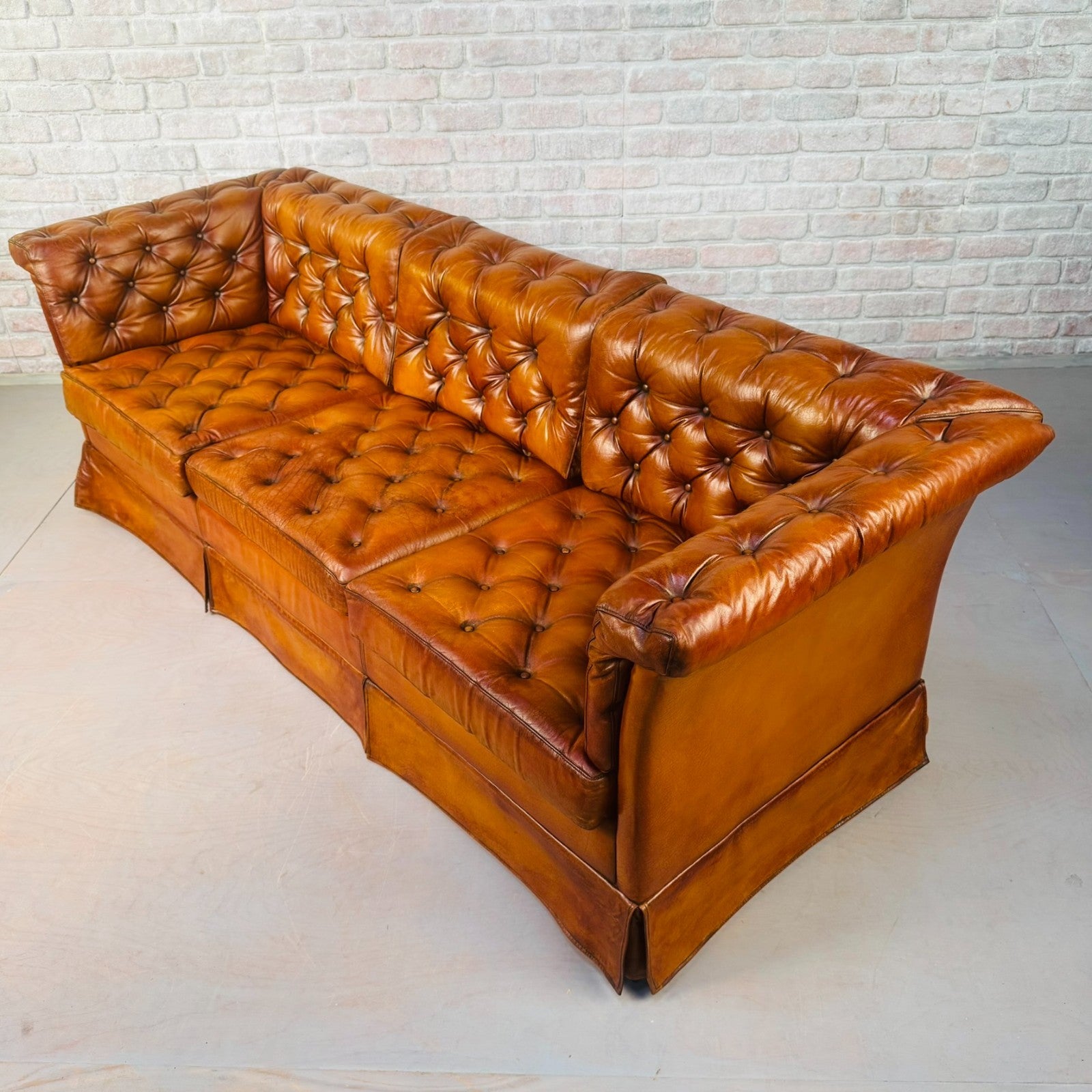 Vintage Danish Tan Leather Three Seater Sofa Fully Buttoned