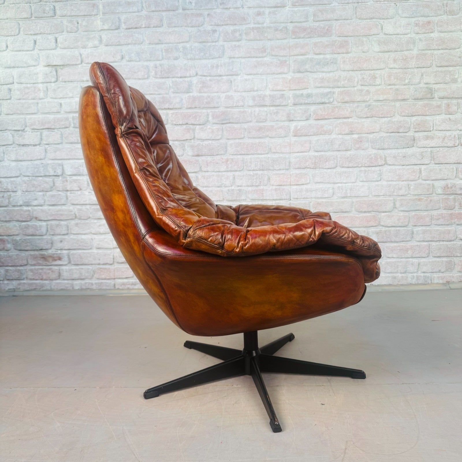 Vintage Danish H.W. Klein Egg Chair by Bramin Tan Leather Swivel Mid Century