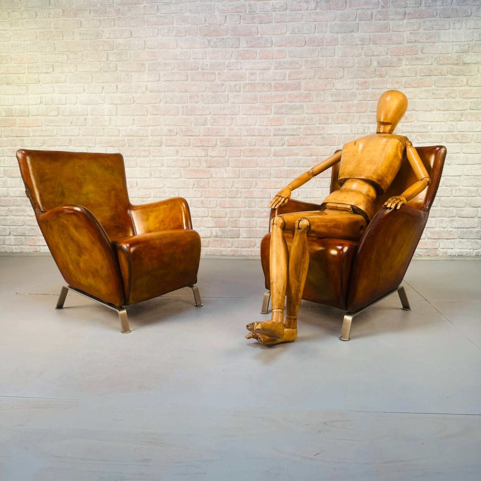 Contemporary Danish Hand Dyed Light Tan Leather Armchairs