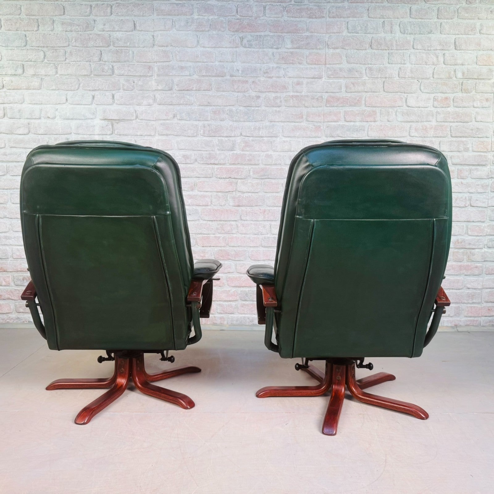 Vintage Pair of Norwegian Green Leather Reclining Swivel Chairs with Footstools