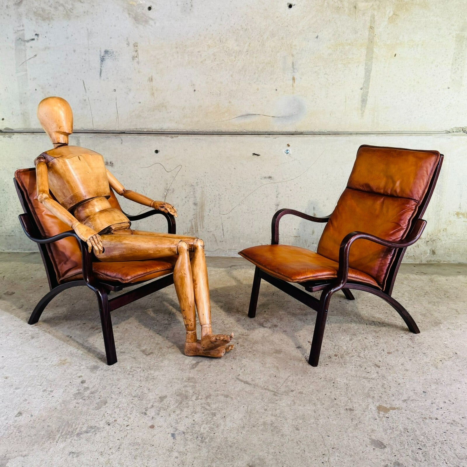 Vintage Stouby Danish His & Hers Bentwood Light Tan Leather Chairs