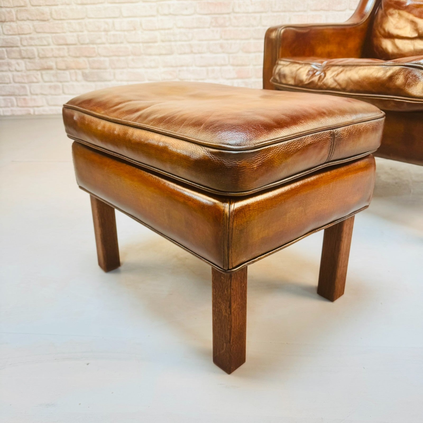 Vintage Danish Børge Mogensen Style Tan Leather Armchair & Footstool