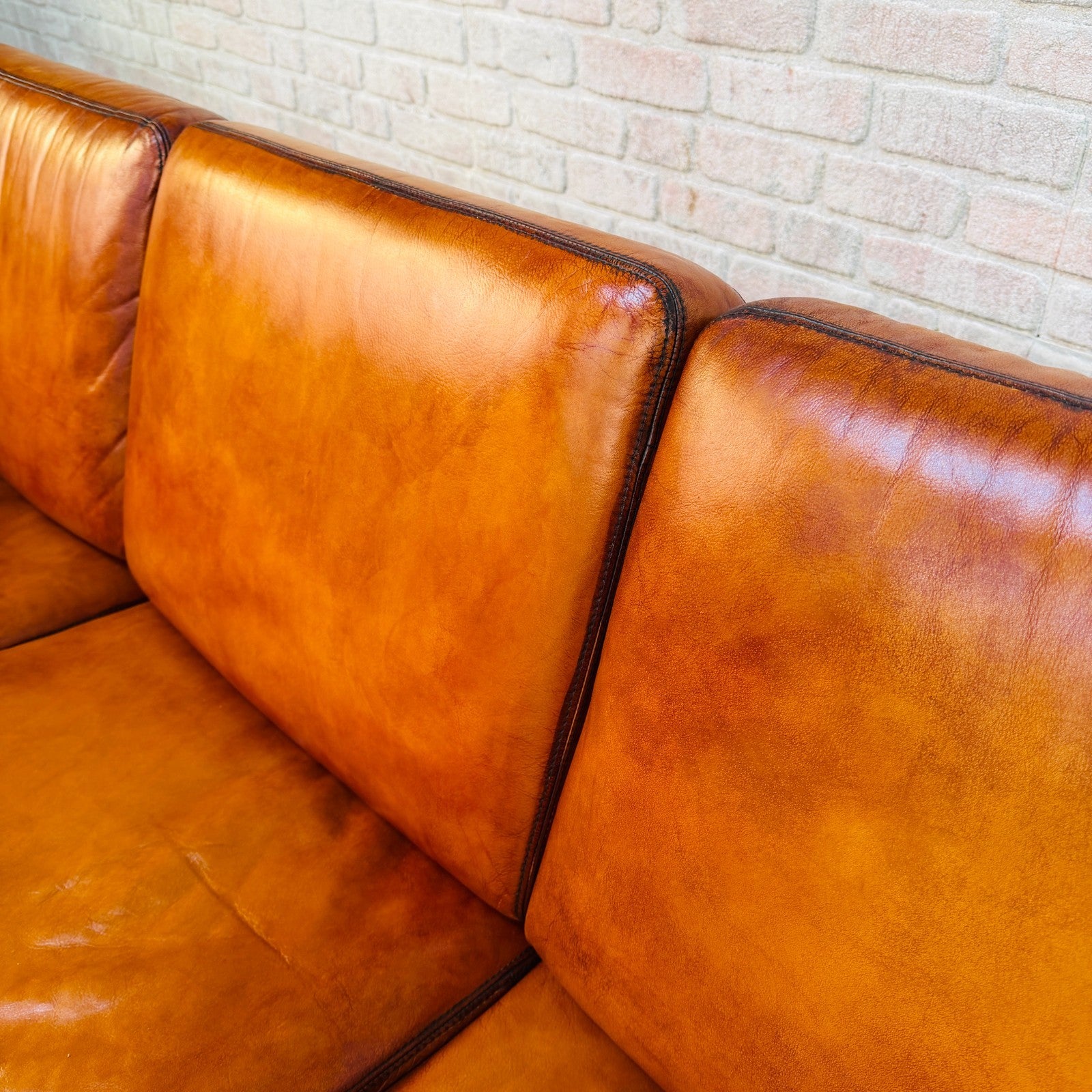 Vintage 1970s Danish Cognac Hand-Dyed Leather Three Seater Box Sofa