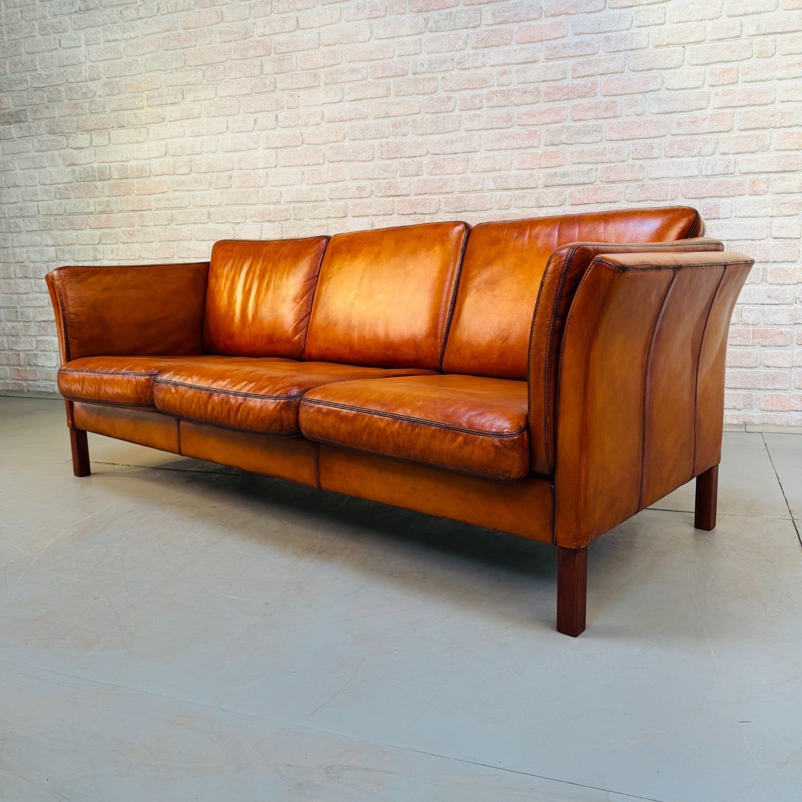 Vintage 1970s Danish Cognac Hand-Dyed Leather Three Seater Box Sofa