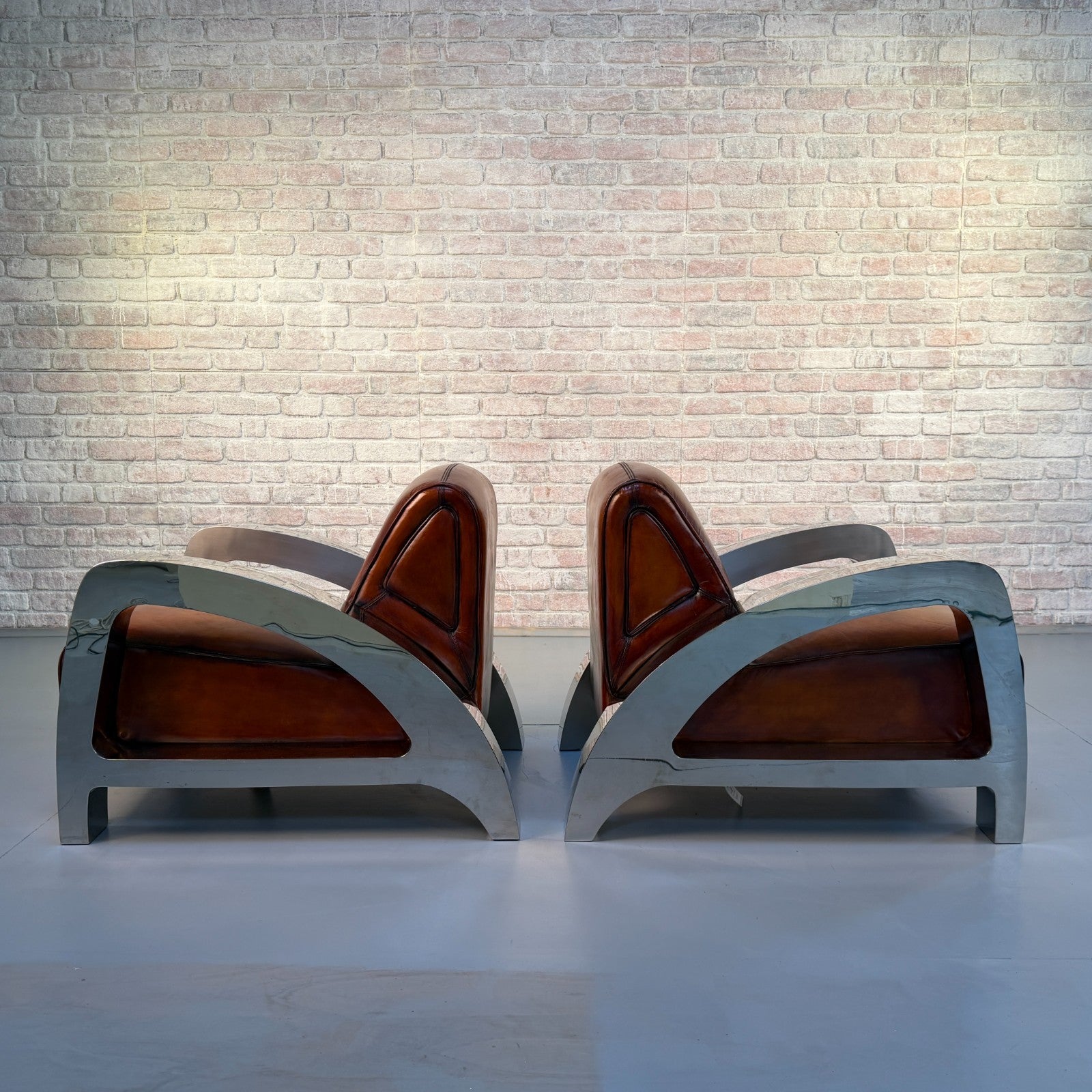 Stunning Pair of Vintage Art Deco Chrome Aviator Heritage Brown Leather Armchair