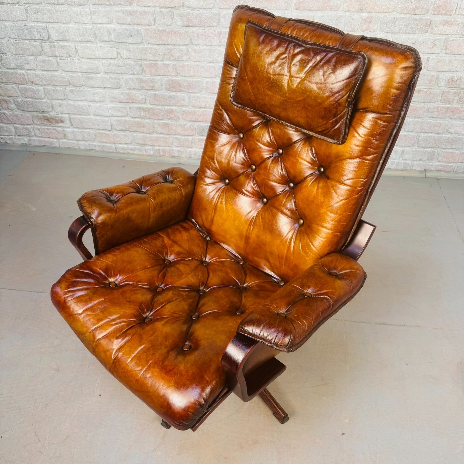 Vintage Scandinavian Tan Leather Swivel Chair