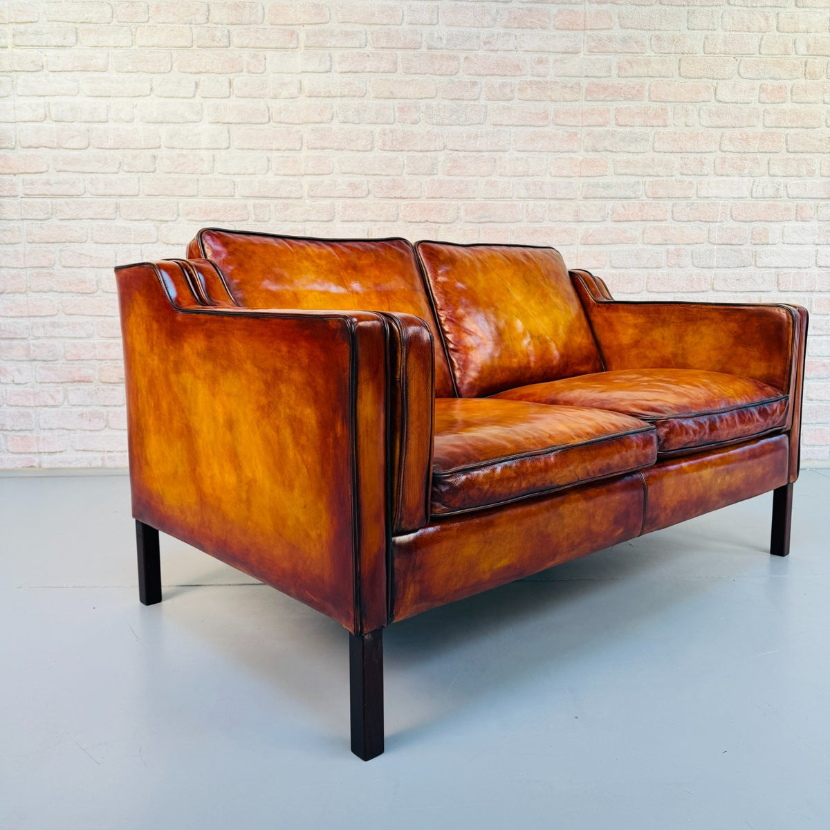 Vintage Stouby Borge Mogensen Style Tan Leather 2 Seater Danish Sofa