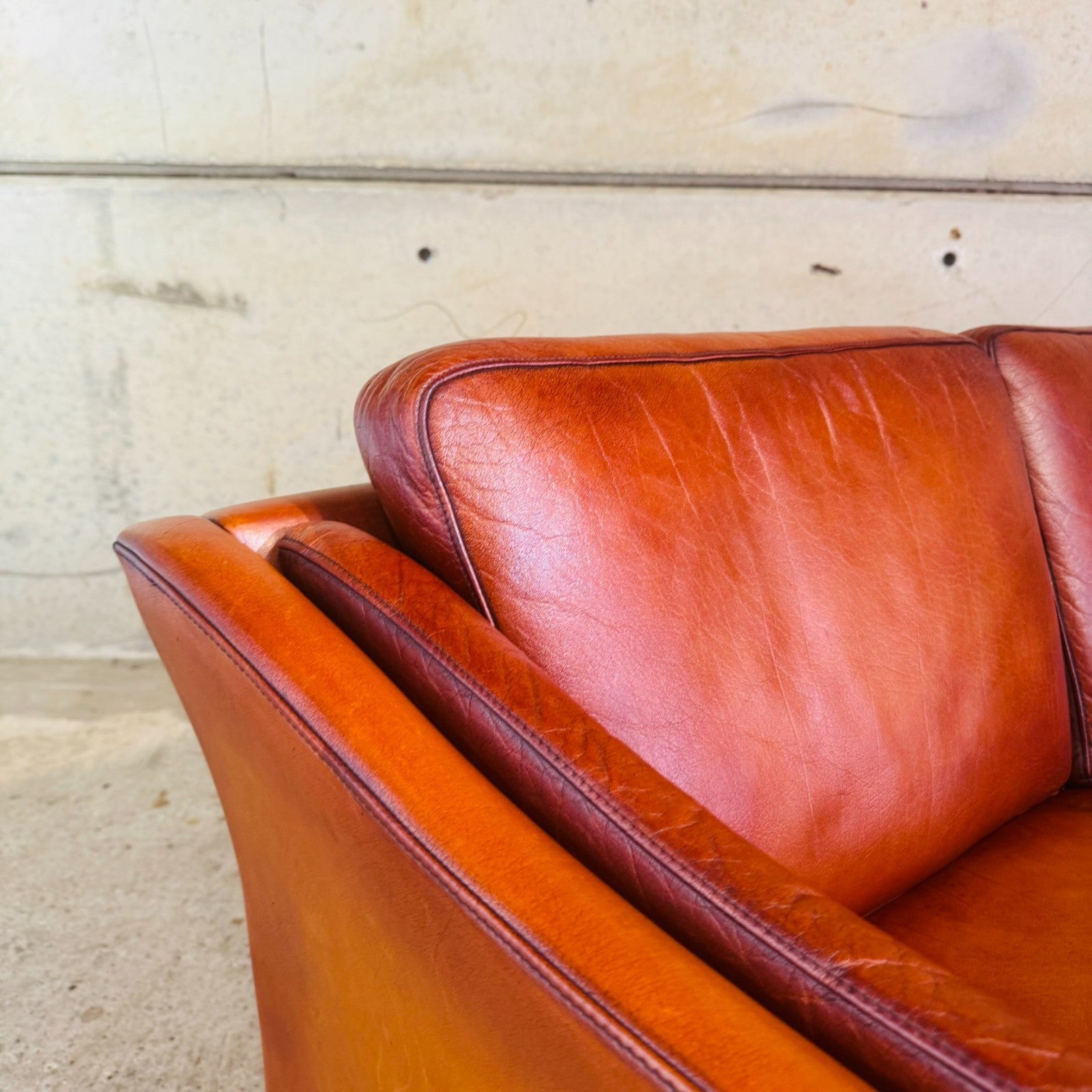 1970s Danish Cognac Leather 3 Seater Sofa — Curved Arms & Beech Plinth