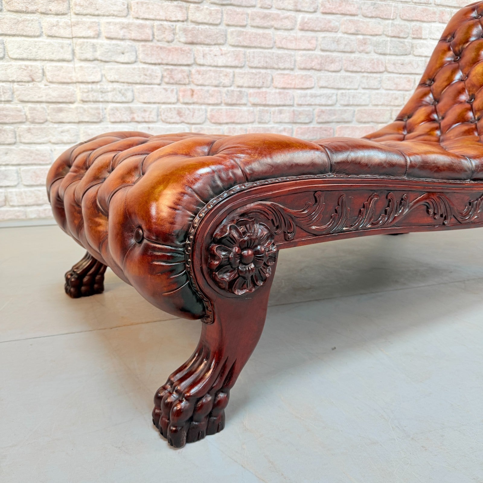 Decorative Chesterfield Style Tan Hand-Dyed Leather Chaise Lounge
