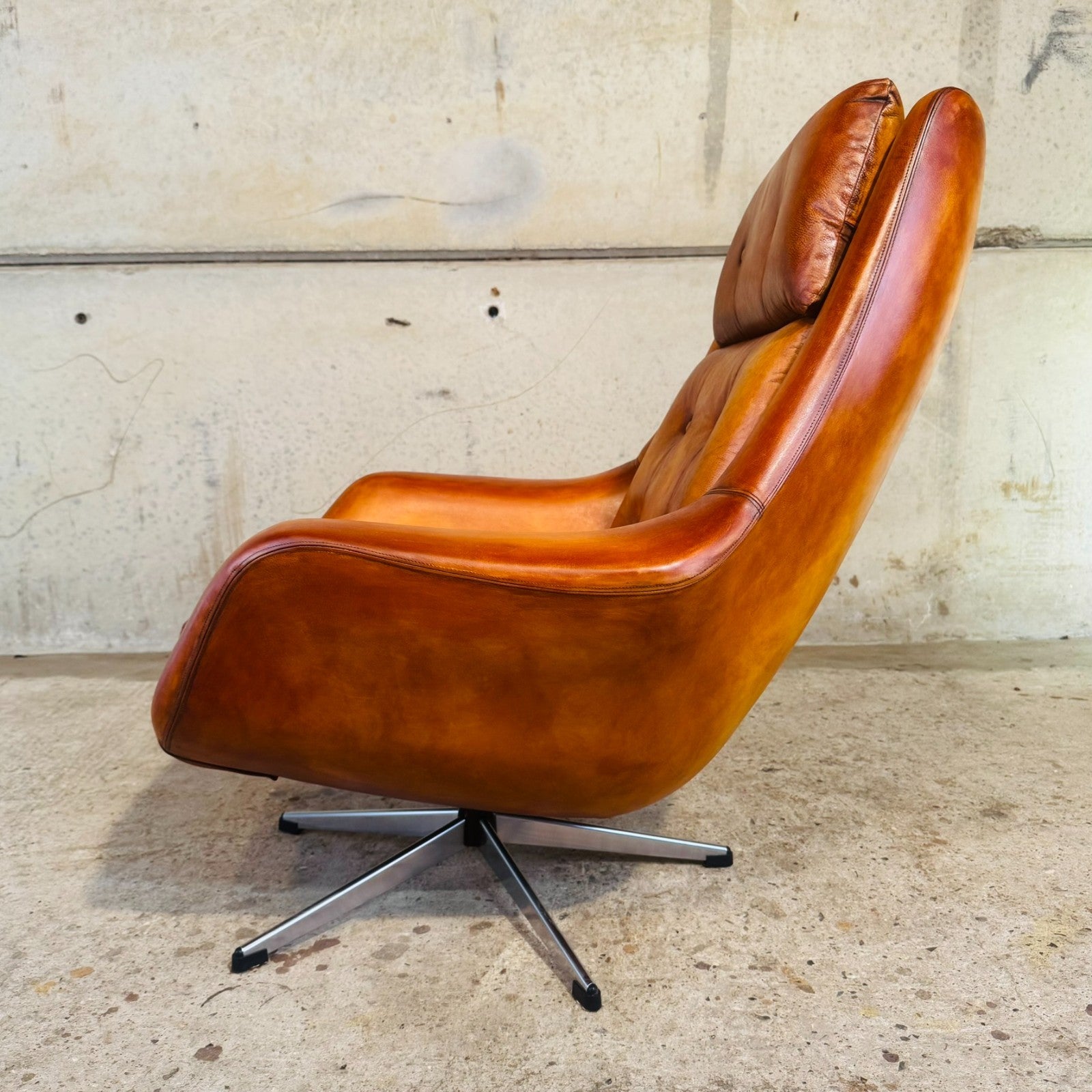 1970s Danish Egg Chair – Cognac Leather Swivel Base Generous Size